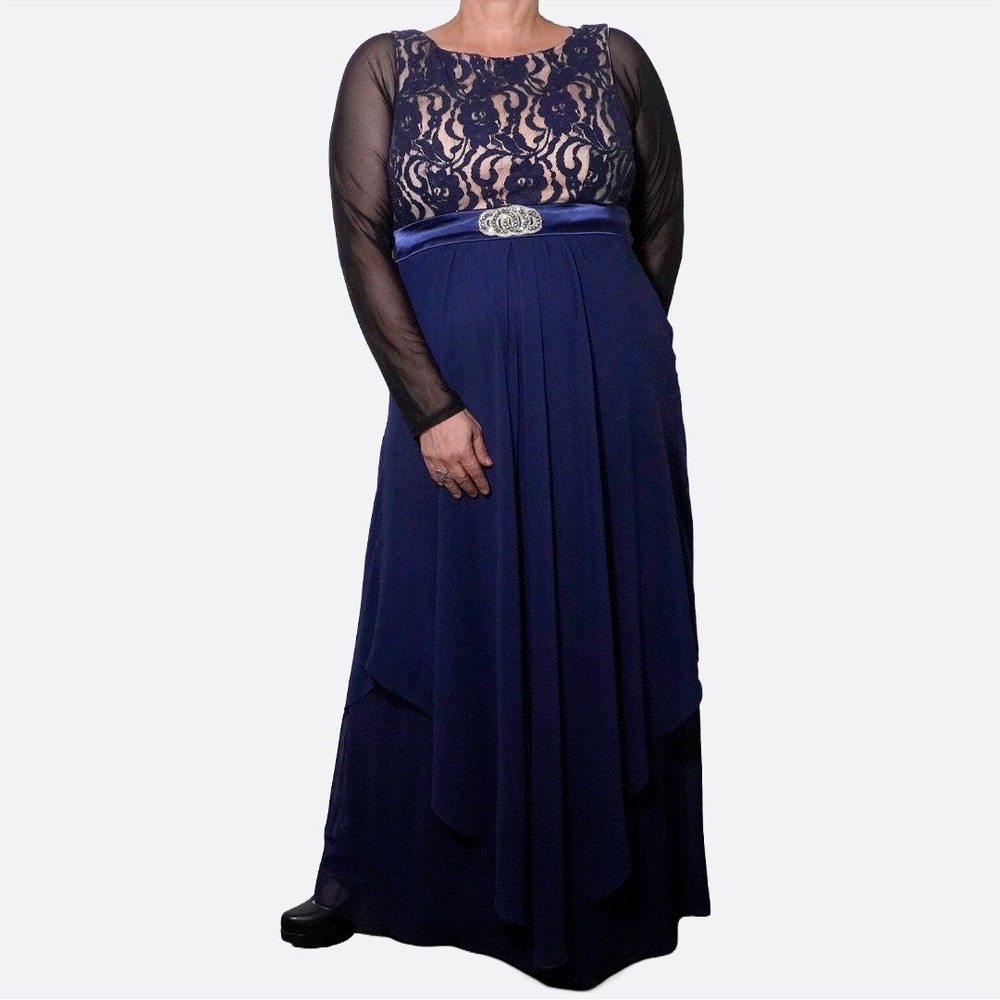 Navy‎ Lace & Chiffon Cascading Goddess Gown Formal Wedding Guest Plus Size 1X XL